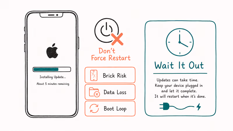 Hand-drawn iPhone mid-install with progress bar warning against force restart with three risk cards and wait advice.