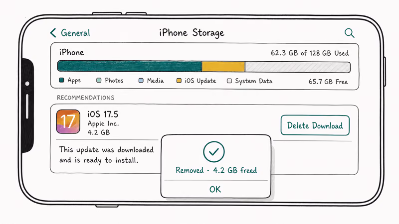 Hand-drawn iPhone Storage view with update segment highlighted, delete download button, and confirmation popup freeing space.