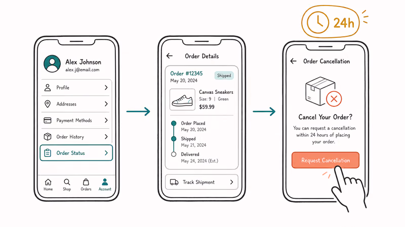 Mercari app path from Order Status to the Request cancellation button on an order