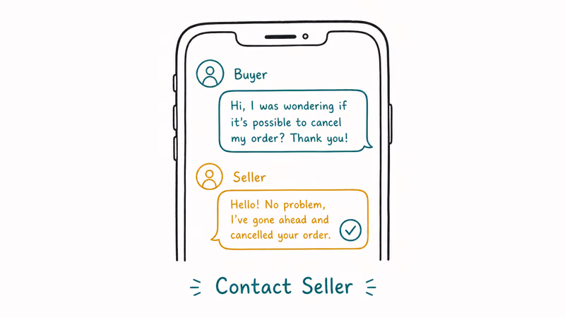 Chat thread showing a polite cancellation message and a seller approval reply