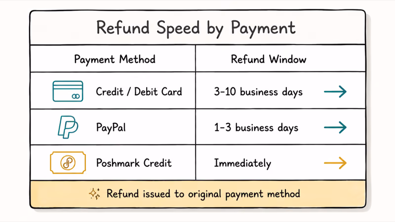 Three-row table showing Poshmark refund timing by payment method credit card PayPal and Poshmark credit.
