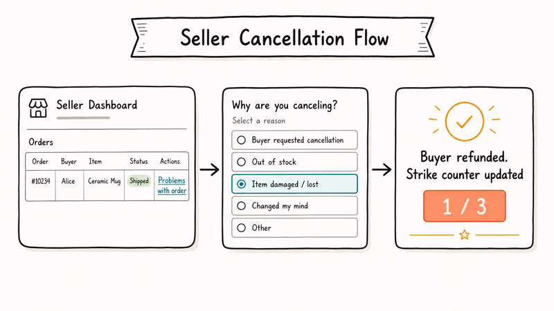 Three-card Poshmark seller cancellation flow ending in buyer refund and strike-counter note.