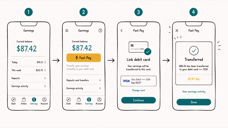 Four step phone flow showing earnings tab Fast Pay button debit card link and confirmation with one ninety