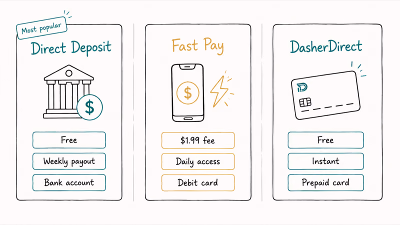 Three route panel for DoorDash payouts comparing Direct Deposit Fast Pay and DasherDirect with fees and timing tags