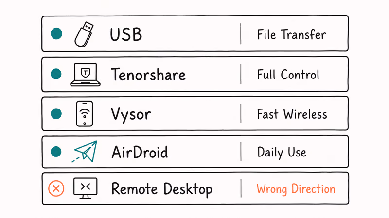 Five phone-to-Chromebook casting methods each matched to its best use case