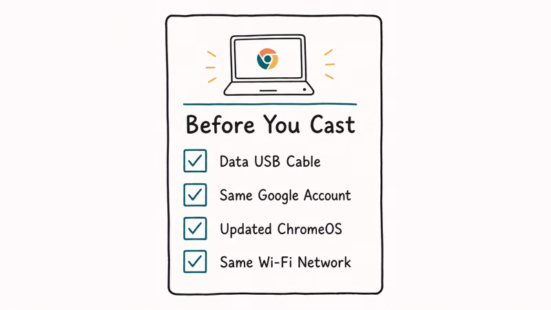 Checklist of cable, Google account, and Wi-Fi requirements before casting to a Chromebook