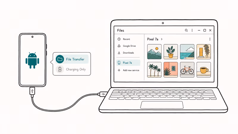 Android phone connected by USB cable to a Chromebook with File transfer mode selected