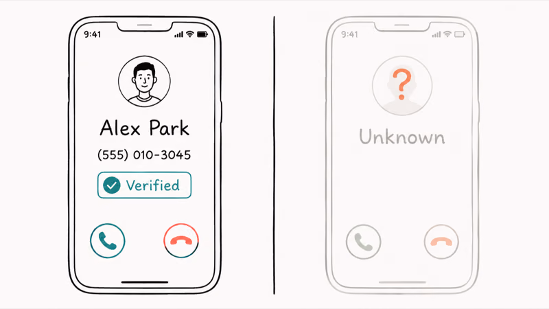 Incoming call screen anatomy showing caller name verified check and a faded unknown call comparison beside it