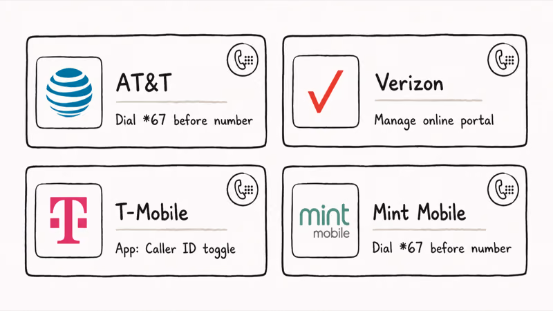 Four tile grid of US carriers showing each carrier dial code or account portal note for caller ID