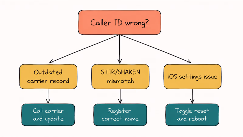 Decision tree for caller ID problems branching into carrier record STIR SHAKEN registration and iOS settings reset paths
