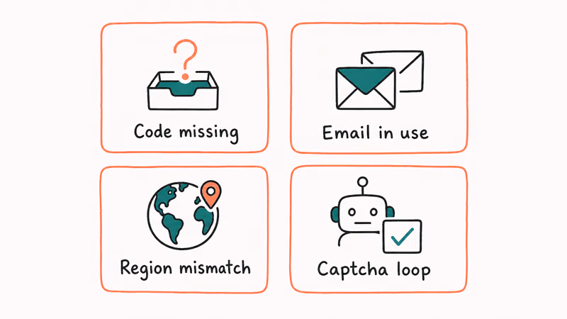 Hand-drawn grid of four common SHEIN email-change issues including missing codes duplicates and region mismatch