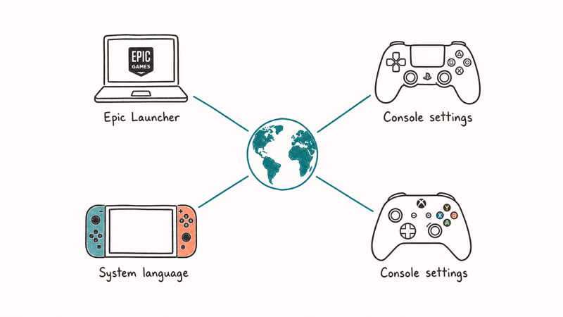 Hand-drawn map fanning Fortnite language paths from a central globe to PC PlayStation Xbox and Switch