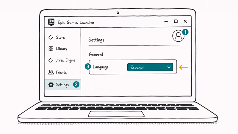 Hand-drawn Epic Games Launcher on a laptop with three numbered taps to the language dropdown