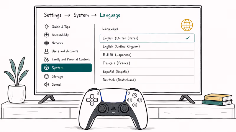 Hand-drawn PS5 controller and screen showing the system language path that Fortnite inherits
