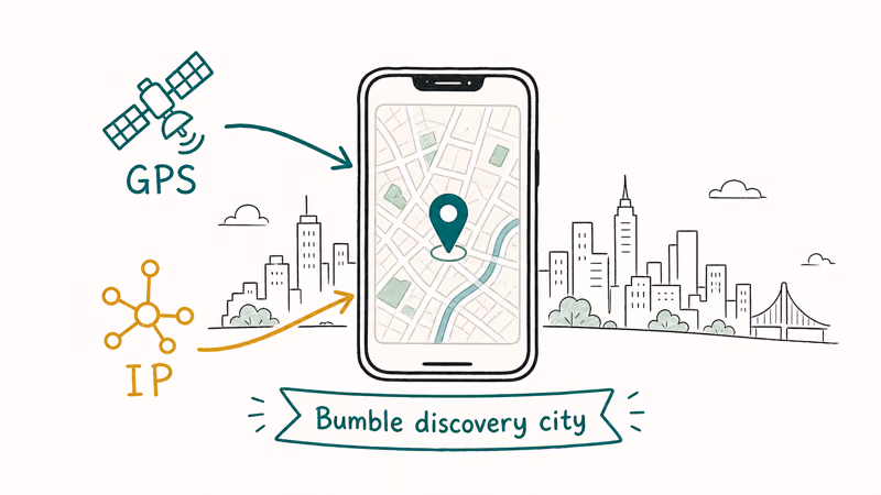 Diagram of a phone receiving GPS and IP location signals that together set the Bumble discovery city