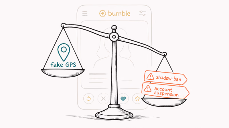 Balance scale weighing a fake GPS pin against shadow ban and account suspension warning labels