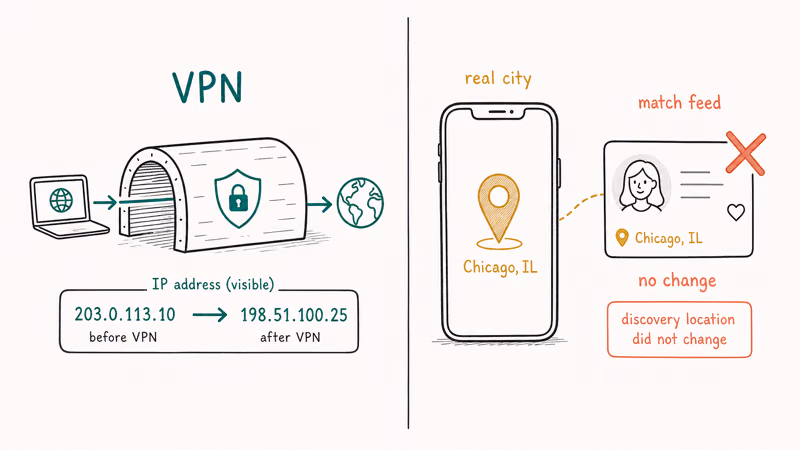 Split illustration showing a VPN changing only the IP address while the GPS location pin stays unchanged