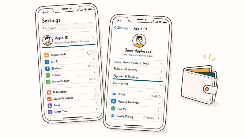Hand-drawn iPhone Settings showing Apple ID name then Payment and Shipping row highlighted with a wallet icon for