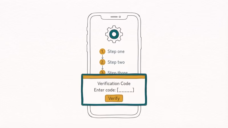 Phone screen showing settings menu with numbered steps and verification code popup