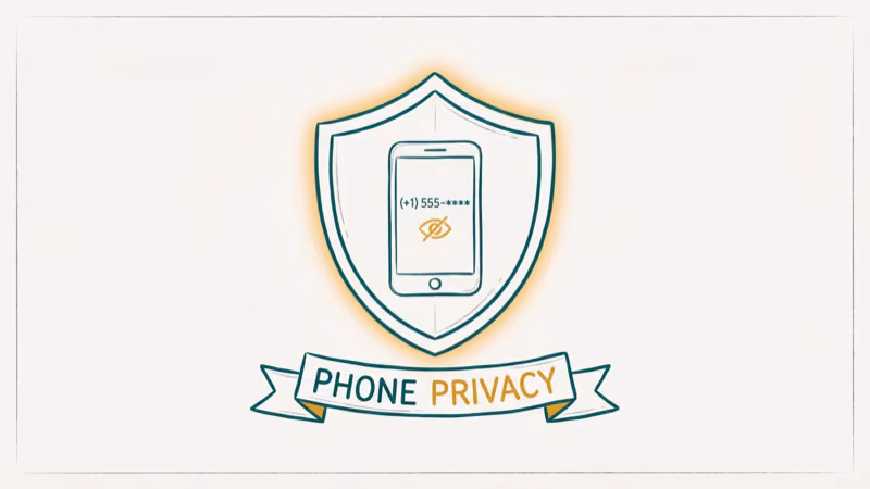 Shield icon protecting phone number with hidden eye symbol for social media privacy