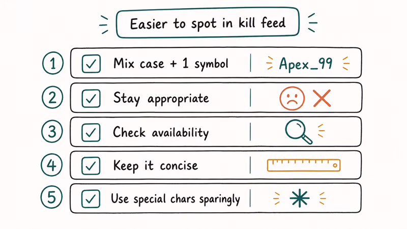Five PUBG name choosing tips checklist with mixed case symbols and appropriateness reminders