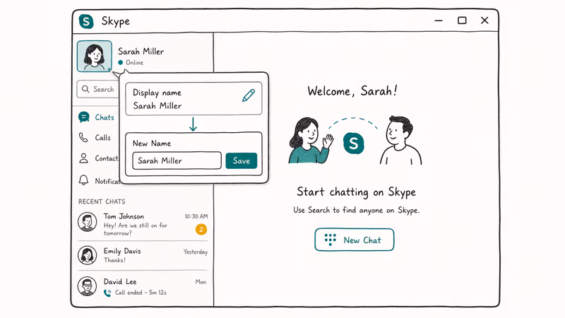 Skype desktop avatar profile sheet with the display name edit pencil active and a new name being typed