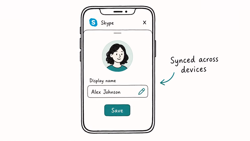 Skype mobile profile editor sheet with the display name edit icon highlighted and a Save button at the