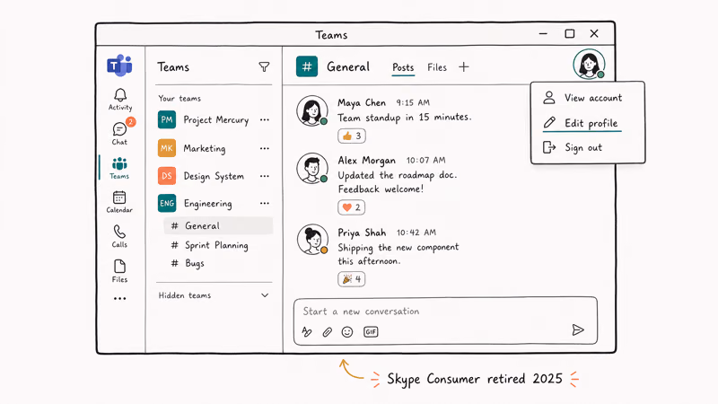 Microsoft Teams profile dropdown with Edit profile highlighted as Skypes successor path for changing display name in 2026