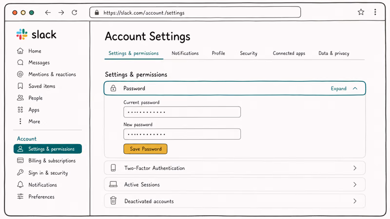 Slack Account Settings page on desktop showing the expanded Password section with current and new password fields