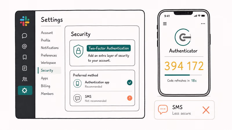 Slack two-factor setup with a QR code and authenticator app showing a six digit code instead of SMS