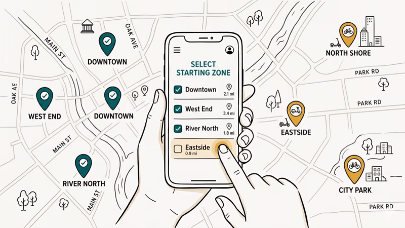 Hand holding smartphone with delivery app showing zone selection list