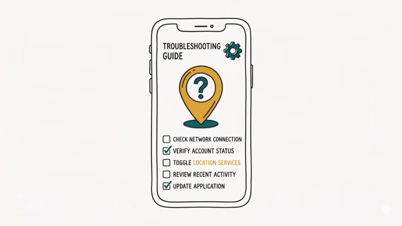Smartphone settings screen with location pin and troubleshooting checklist