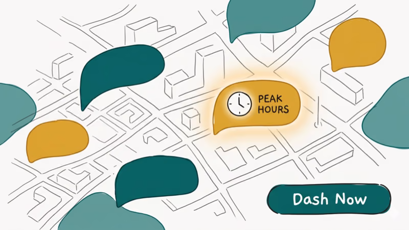 Delivery map with colored zone bubbles showing peak hours and demand levels