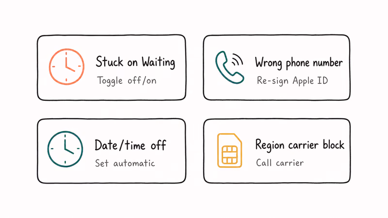 Hand-drawn grid of four iMessage activation issues with one-line fixes for stuck Apple ID time and carrier