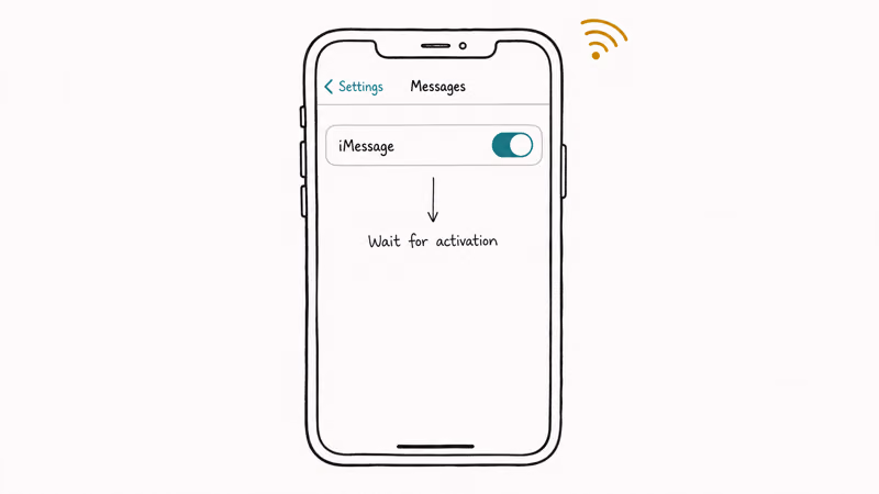 Hand-drawn iPhone messages settings showing the iMessage toggle on and a Wi-Fi icon for activation