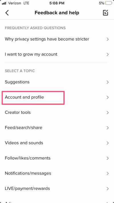 TikTok "Account & Profile" option