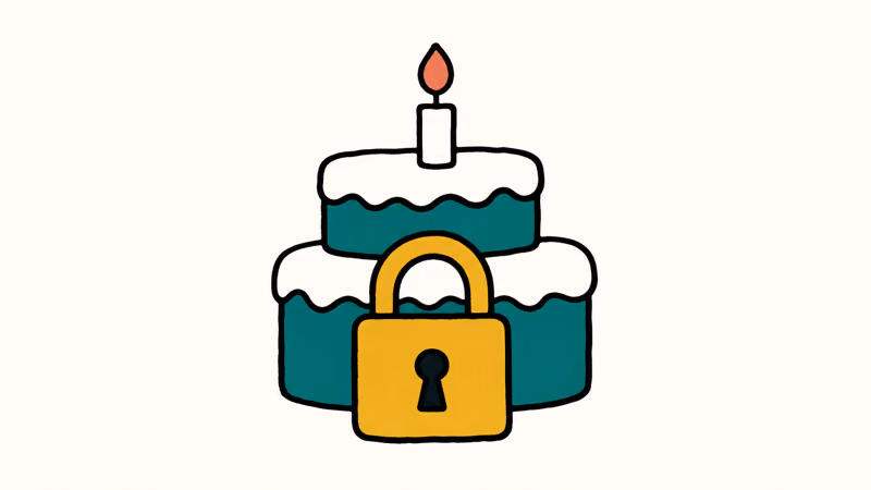 Hand-drawn birthday cake blocked by a chunky padlock