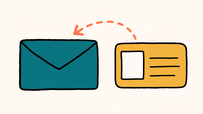 Hand-drawn blank ID card sliding into a closed envelope