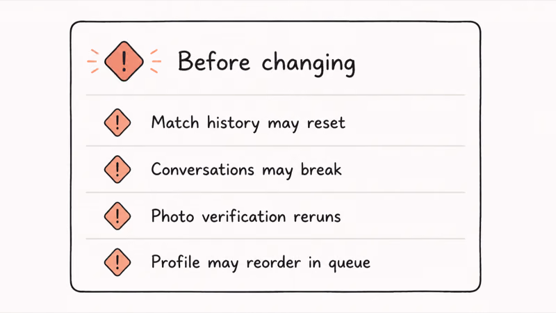 Checklist of four considerations before changing Tinder name including lost matches conversation impact and verification