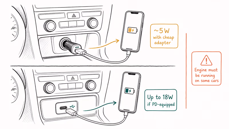 Hand-drawn car dashboard comparing 12V cigarette socket adapter charging with built-in USB-C port charging speeds.