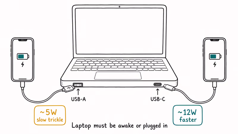 Hand-drawn laptop showing USB-A and USB-C ports charging iPhone with slower 5W and faster 12W speed tags.