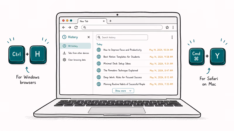 Laptop showing a browser history panel with Ctrl plus H and Cmd plus Y keyboard shortcut callouts