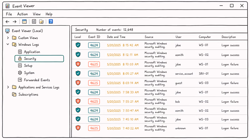 Windows Event Viewer showing the Security log with sign-in event IDs 4624 and 4625 and timestamps