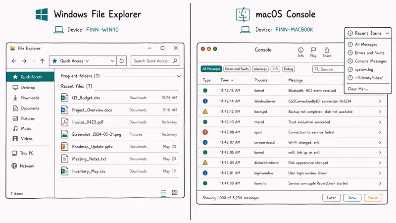 Split view of Windows Quick Access recent files and the Mac Console app showing system activity logs