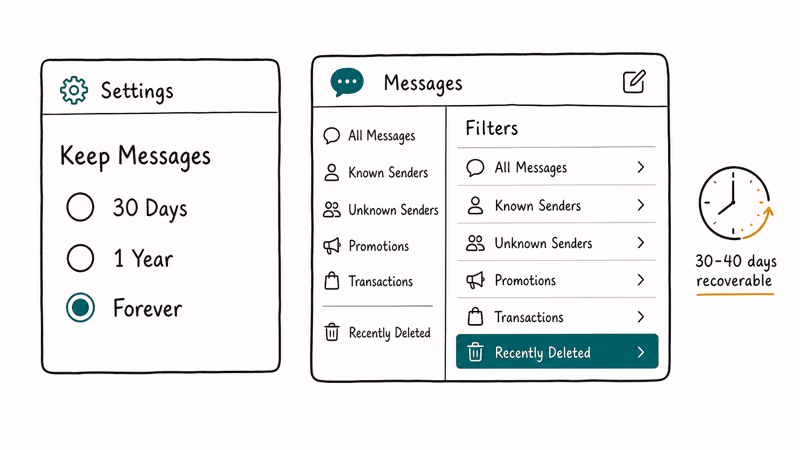 iPhone Messages settings retention options with Recently Deleted folder showing 30 to 40 days