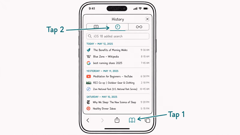 Safari iPhone screen showing bookmarks icon tapped then clock tab revealing grouped history list