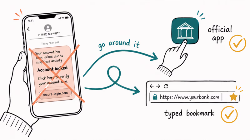 Person bypassing a suspicious text by opening the official banking app directly instead