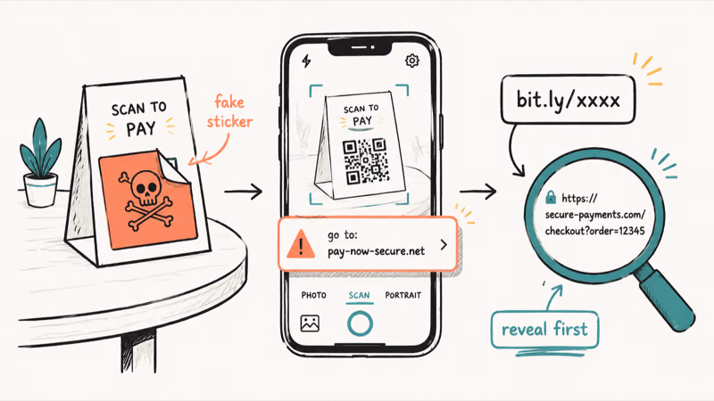 Fake QR sticker over a real code routing a phone to a scam page