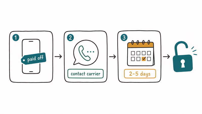 Three step carrier unlock path showing a paid off device, a carrier request, and a two to five