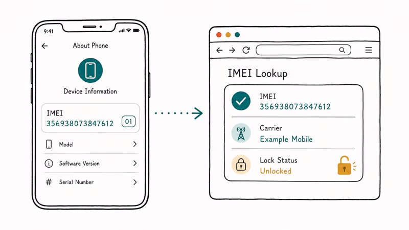IMEI number from an iPhone feeding an online lookup tool that reports the carrier and lock status